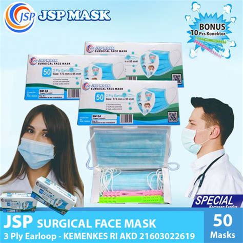 Jual Masker Medis Bedah 3 Ply Isi 50 JSP Earloop Surgical Mask Kemenkes