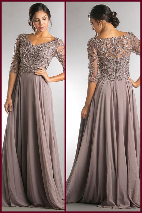 Clay Gray Chiffon Stones Paisley Beaded Open V Neckline Mother Of The