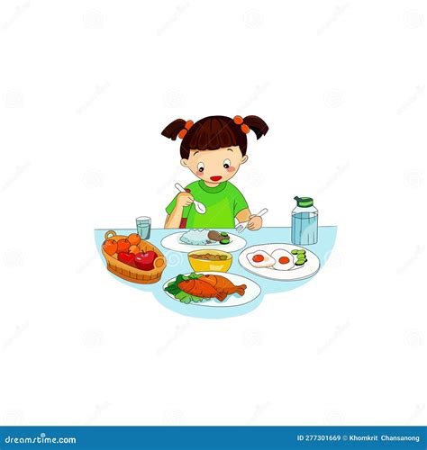 Cute Cartoon Happy Girl Eating Healthy Fruits And Vegetable Food