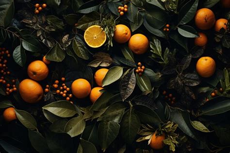A Group Of Oranges And Leaves Premium Ai Generated Image