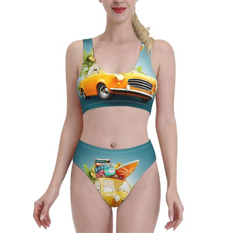 Adobk Summer Funny Retro Car Print Women High Waisted Bikini Set Sports