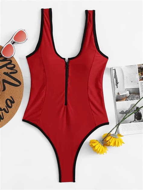 Contrast Trim Zipper Front One Piece Swimsuit One Piece Swimsuit Swimsuits Swimwear