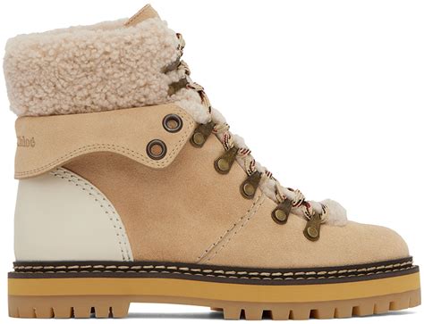 Beige Eileen Shearling Ankle Boots by See by Chloé on Sale