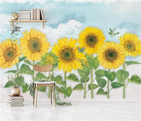 3d Sunflower Wallpaper Floral Wall Mural Sky Wall Decor Etsy