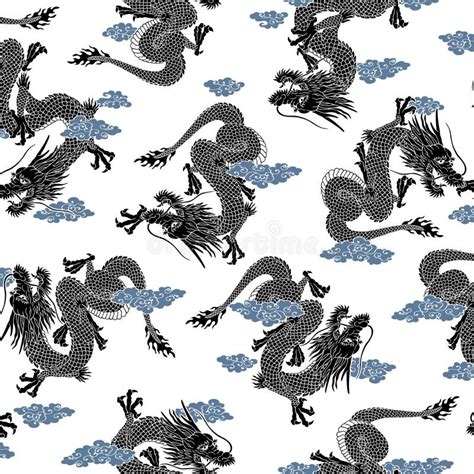 Seamless Pattern With Classic Japanese Dragons Stock Vector