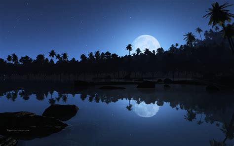 Moon Reflecting At Lake Moon Water Nature Trees Lake Reflecting Landscape Hd Wallpaper