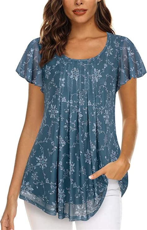 Timeson Womens Short Sleeve Tunic Tops Floral Double Layers Casual