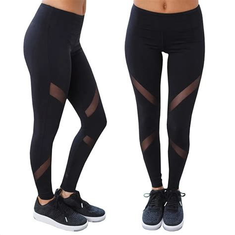 Women Yoga Pants Net Yarn Patchwork High Waist Elastic Running Fitness