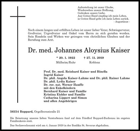 Traueranzeigen Von Johannes Aloysius Kaiser Rz Trauer De