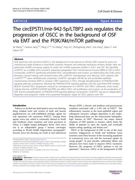 PDF The CircEPSTI1 Mir 942 5p LTBP2 Axis Regulates The Progression Of