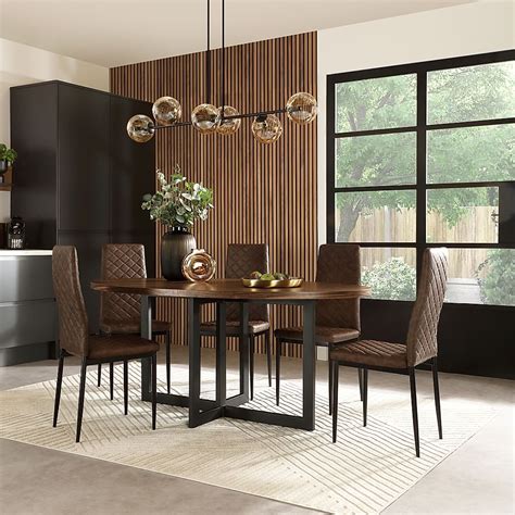 Newbury Oval Industrial Dining Table Renzo Chairs Walnut Effect