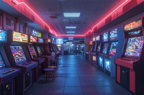 Sala de juegos retro con máquinas arcade antiguas y un letrero de neón