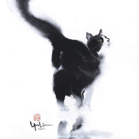 A Black And White Cat Standing On Top Of A Floor Next To A Painting