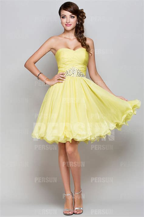 Robe De Soirée Jaune Courte Tutu Bustier Cœur Orné De Strass