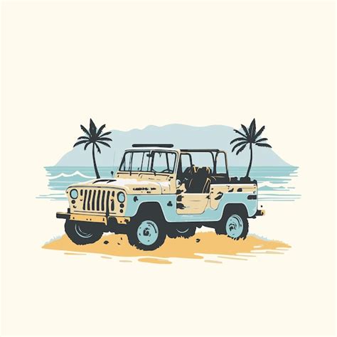 Premium Vector Vintage Illustration Hand Drawn Jeep In Beach Vintage Summer Design Vintage Car