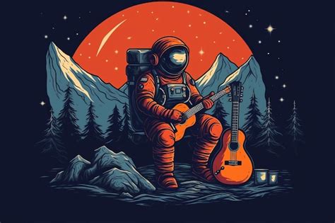 Un Astronauta Se Sienta En Una Luna Con Una Guitarra En Sus Manos