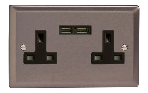 Varilight Xr5u2b Classic Pewter 2 Gang Double 13a Unswitched Plug Socket 2 1a Usb