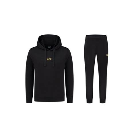 Emporio Armani Ea7 Cotton Centre Logo Pullover Hooded Black Tracksuit