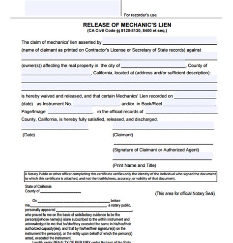 Printable Mechanics Lein Waiver Form Printable Forms Free Online