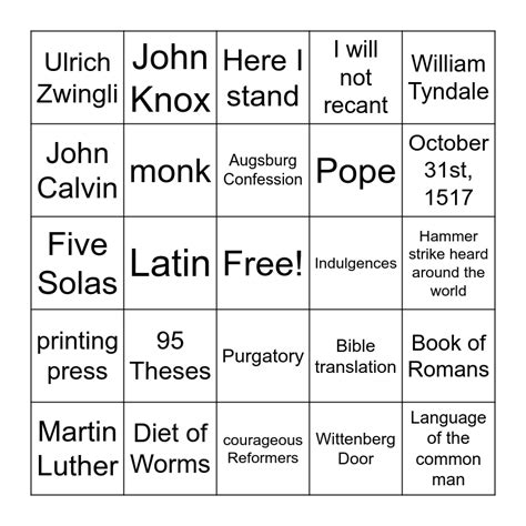 Reformation Bingo Card