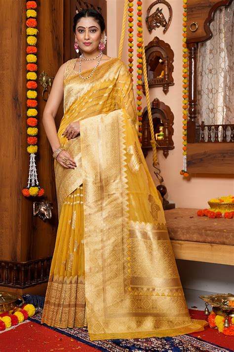 Jaya Yellow Organza Silk Saree With Attached Blouse Zariknyaa