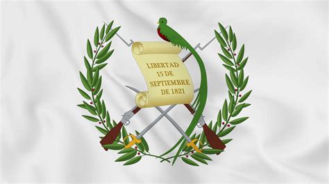 National Emblem Coat Of Arms Or Symbol Of Guatemala In Waving Flag