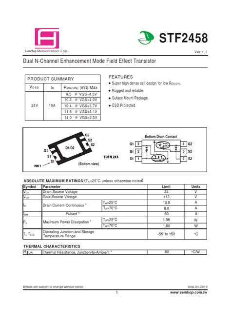 STF2458 Datasheet Dual N Channel Enhancement Mode Field Effect Transistor