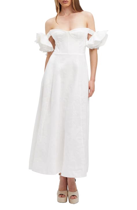 Bardot Sigma Corset Off The Shoulder Linen Midi Dress Orchid White