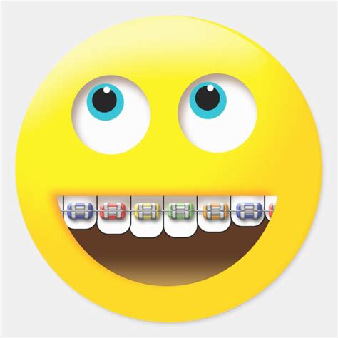 Emoji smiling with colorful braces classic round sticker | Zazzle.com