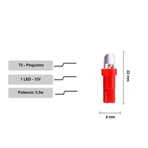 5 x Lâmpadas LED T5 Pinguinho 12V Vermelho Submarino