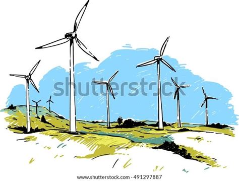 Wind Turbines Color Sketch Illustration стоковая векторная графика