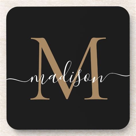 Modern Monogram Black Gold Feminine Script Name Beverage Coaster