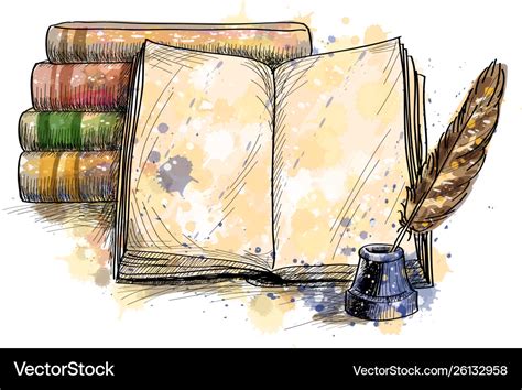 Stack books open book and quill pen Royalty Free Vector