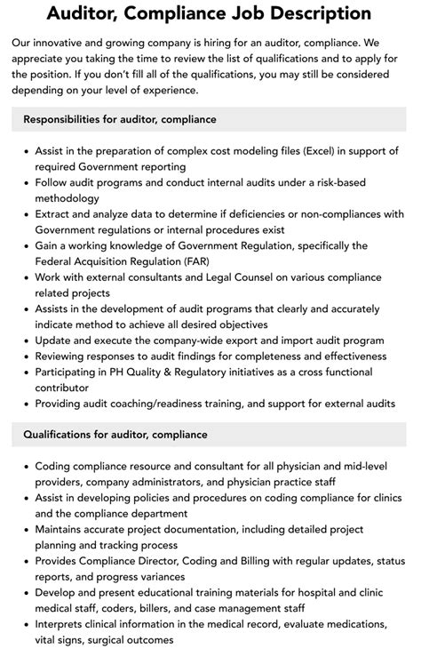 Auditor Compliance Job Description Velvet Jobs