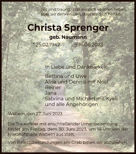 Traueranzeigen Von Christa Sprenger Trauer HNA De