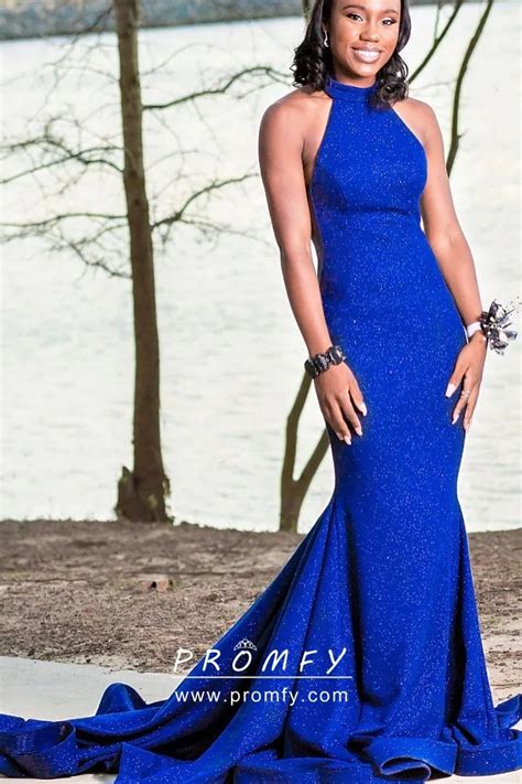 Royal Blue Halter Neck Mermaid Flounced Prom Dress Promfy