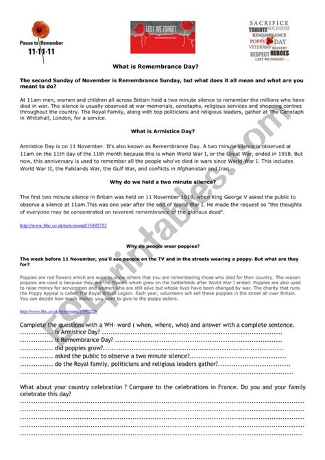 Remembrance Day - ESL worksheet by naugereau