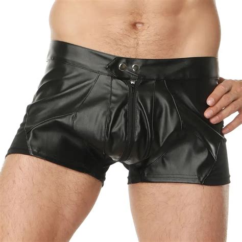 Sexy Men Plus Size U Convex Pouch Boxer Shiny Zipper Open Faux Leather