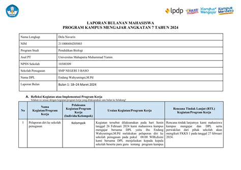 Contoh Laporan Bulanan Kampus Mengajar Angkatan 7 PPT