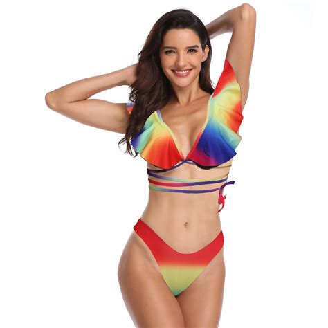 Womens Falbala Ruffle Trim Gradual Triangle Bikini Set Swimsuit And Swim Suit Price