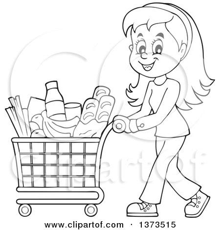 Clipart of a Cartoon Black and White Happy Woman Pushing a Shopping ...