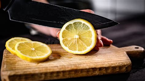 Girl Hand Cutting Lemon With Knife Closeup Stock Image Image Of Knife