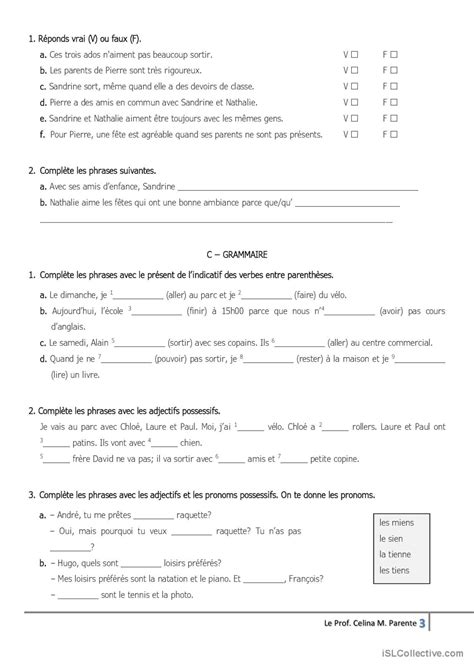 Test d évaluation pratique de la gra Français FLE fiches pedagogiques