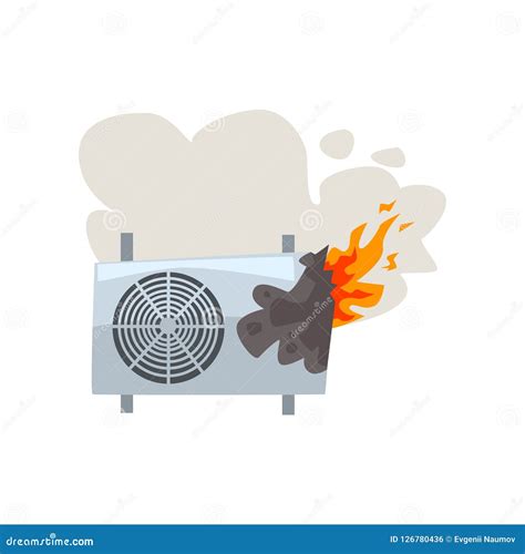 Broken Burning Air Conditioner Damaged Home Appliance Cartoon Vector