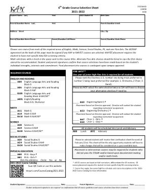 Fillable Online Th Grade Course Selection Sheet Fax Email