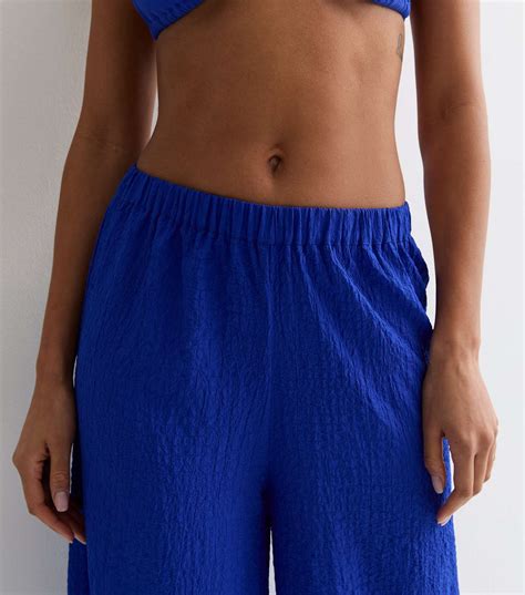 Blue Textured Wide Leg Beach Trousers New Look