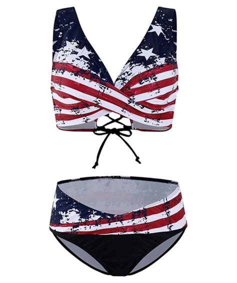 Emmiol Free Shipping 2024 Star And Stripe Print Cross Bandage High Waist Bikini As The Picture S