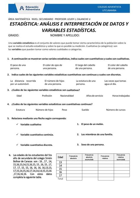 Ejercicio De AnÁlisis De Variables EstadÍsticas Variable Estadistica Matematicas Fracciones