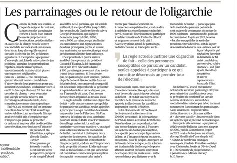 Les Parrainages Ou Le Retour De L Oligarchie Institut Du Pont Neuf