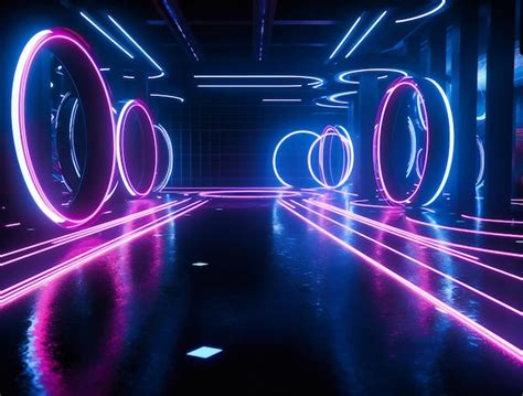 Premium Photo Neon Circles On A Dark Walkway